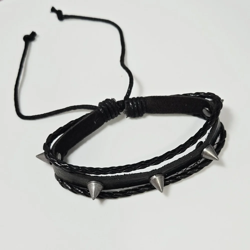 Men’s Punk Spiked Faux Leather Bracelet Adjustable Edgy Statement Layered Casual